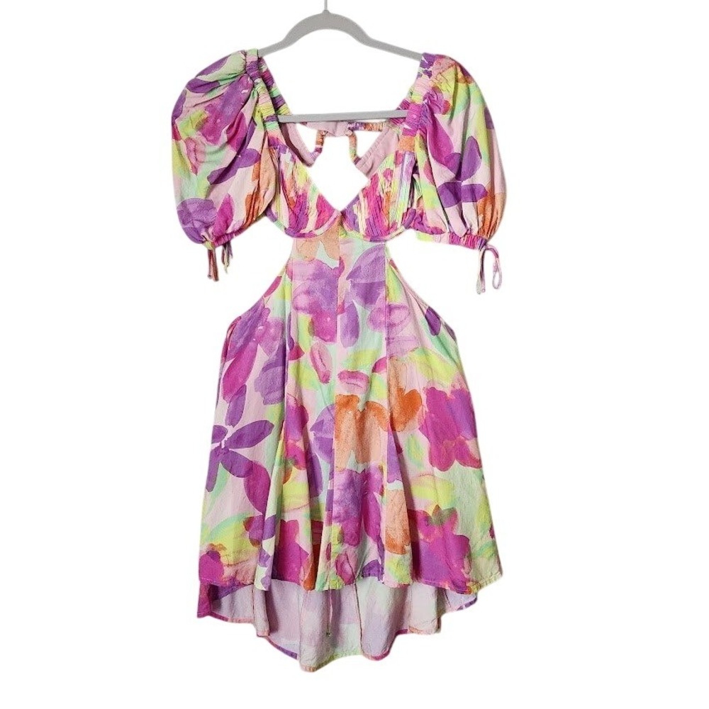 FOR‎ LOVE & LEMONS Mya Mini Dress Pastel Floral Puff Sleeve Size XXS